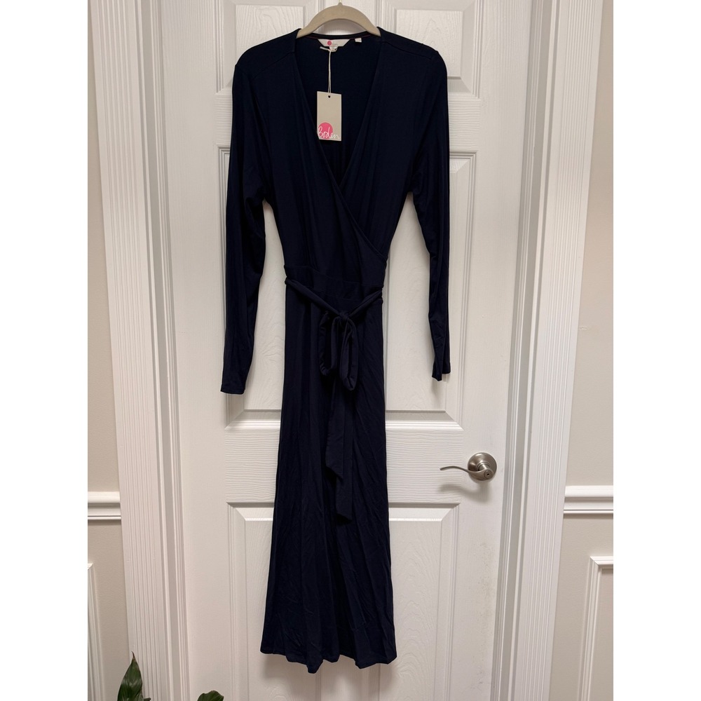 Boden Navy Blue Jersey Wrap Dress Long Sleeve Midi V-Neck US 10R NWT